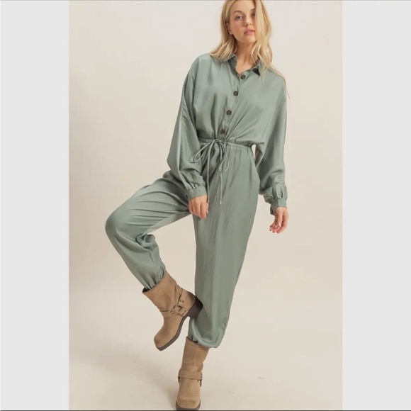 HYFVE Pants - HYFVE Sage Green Button-Front Drawstring Jumpsuit